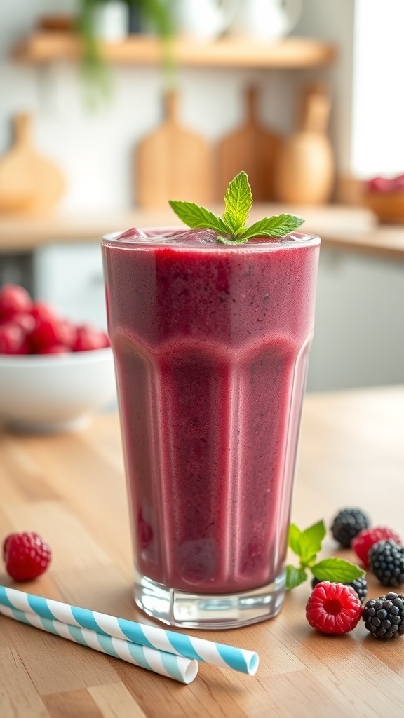 A refreshing Berry Protein Smoothie in a glass, garnished with berries and mint, on a wooden table.